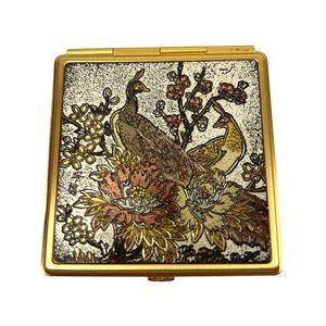 Vintage Janet Peacock Crane Bird Floral Brass Compact Cosmetic Mirror